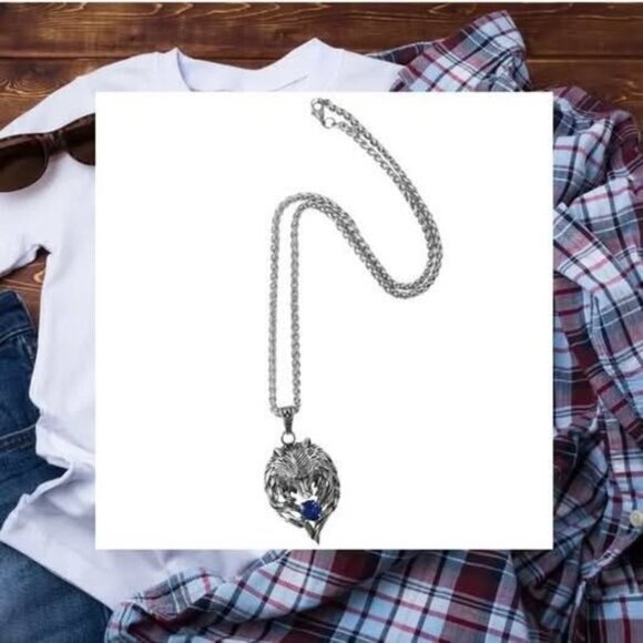 Wolf Head Pendant Necklace with Blue Gemstone – Silver Tone Chain - Picture 3 of 6